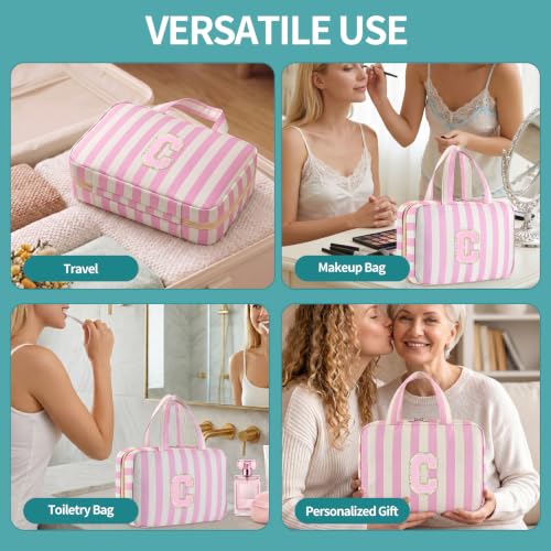 Personalized Travel Hanging Toiletry Bag & Makeup Bag Striped Pink C - color: Striped Pink, size: C