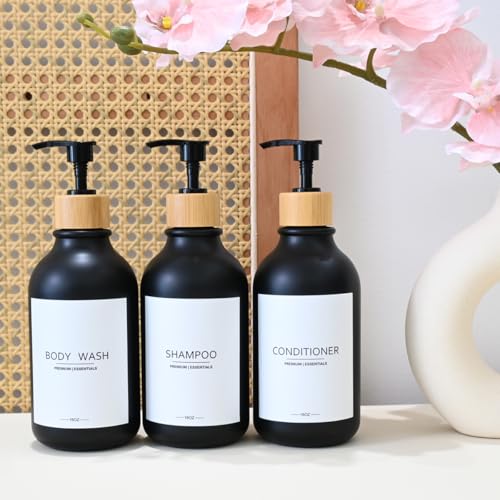 샴푸 및 컨디셔너 반투명 병 대나무 펌프, 리필 가능한 샴푸 빈 병, 로션 오일 샤워 비누 디스펜서용 (6p-블랙) - color: 블랙.