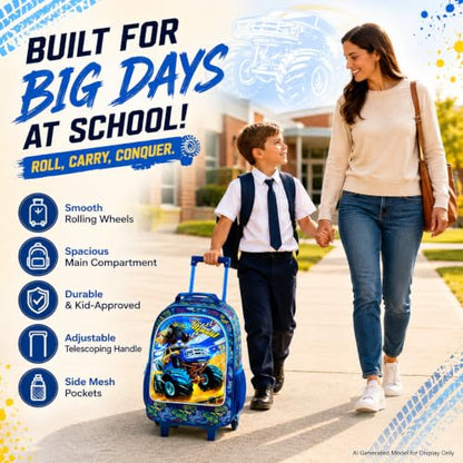KLFVB Rolling Backpack for Girls Boys, Kids Roller Wheels School Bookbag with Lunch Bag, Wheeled School Bag for Children - color: Upgraded Uv Printing Blue 2*car Rolling Backpack