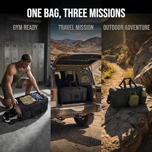 Sports Duffel Bag with Shoe Compartment, Tactical MOLLE Gym Bag for Men 45L - color: black