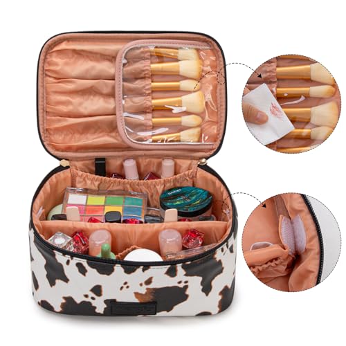 Wrangler Travel Makeup Bag 2pcs Set Cosmetic Bag with Makeup Brush Holder - color: Cow-Brown