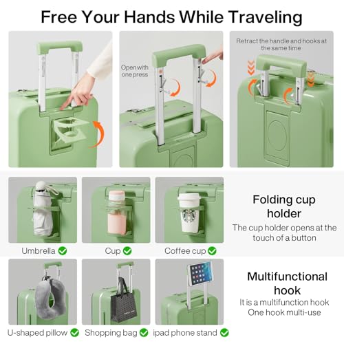 mixi Carry On Luggage with Cup Phone Holder and Charger Hard Shell Suitcases with Spinner Wheels, 20 Inch Avocado Green - color: Avocado green, size: 20-inch