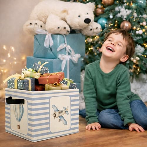 Airplane & Hot Air Balloon Storage Basket, Blue Stripe Foldable Toy Bin - color: Airplane & Hot Air Balloon