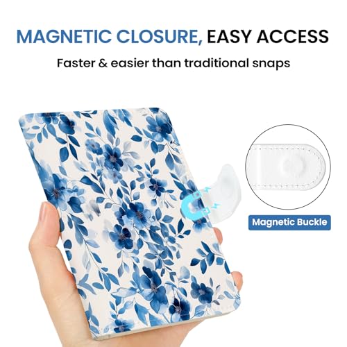 Passport Holder for Travel, RFID Blocking Wallet with Magnetic Closure - color: B-BlueFloral