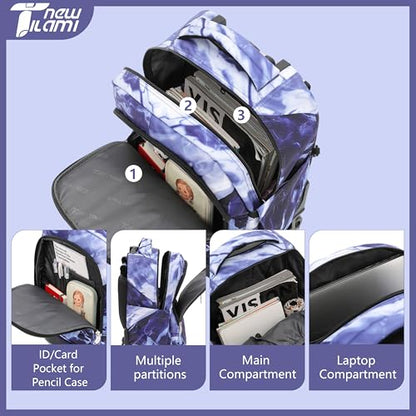 NEW TILAMI 18-Inch Rolling Backpack 6-Wheel for Kids School Travel - color: Purple Lightning