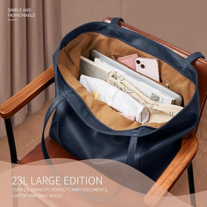 KALIDI Large Tote Bag Vegan Leather 16L Casual Zipper Work Weekender - color: Marine