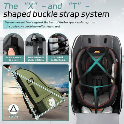 Rolling Car Seat Travel Bag with Wheels – Car Seat Backpack Transport Case for Airplane Travel, Fits Convertible & Booster Seats, Protective Storage Cover, (Green) - color: Green