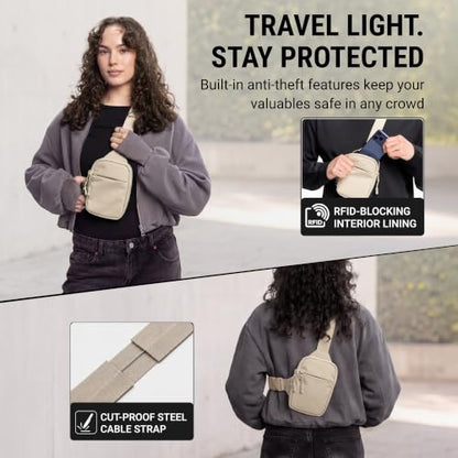 Travel Sling Bag for Men & Women, Anti-Theft RFID Blocking Crossbody Bags - color: Beige 2.0 Mini