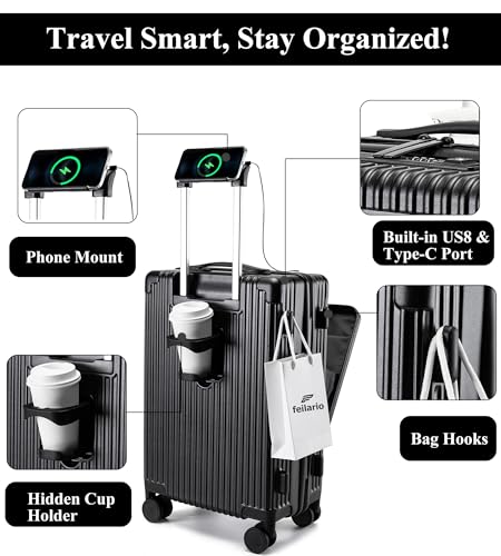 feilario Hardside Carry On Luggage, Zipper Closure, TSA Lock, USB Port - color: A-Jet Black (with zipper closure)