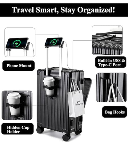feilario Hardside Carry On Luggage, Zipper Closure, TSA Lock, USB Port - color: A-Jet Black (with zipper closure)