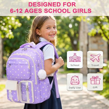 Girls Backpack Set 3PCS Ages 6-12, Kids School Backpack - color: Purple Heart