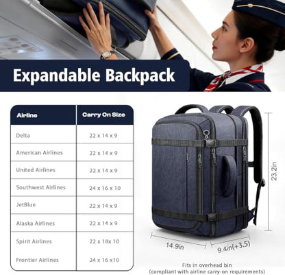 Travelability Carry On Backpack,Expandable 1-7 DAYS Roomy Travel Backpack - color: Blue, size: 18.4inch - 23.2"x14.9"x9.4"(+3.5")