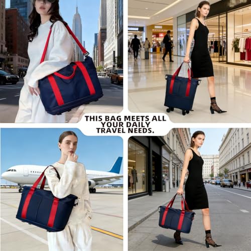 Travel Rolling Duffel Bag with Removable Wheels,Expandable Foldable Carry-On Luggage for Trip or Hospitalization - color: Red&Navy Blue