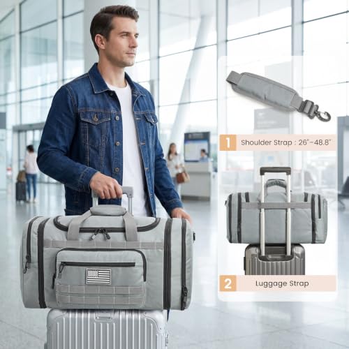 S-ZONE Expandable Travel Duffle Bag, 50L to 60L Tactical Gym Duffel for Men - color: Grey