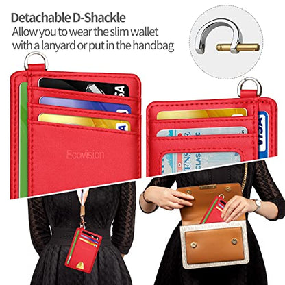 Slim Minimalist Front Pocket Wallet, RFID Blocking Credit Card Holder Wallet with Integrated D-Shackle for Men Women - color: Cowhide Red