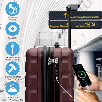 Flight Knight 24x16x10 Expandable Carry On Suitcase Hardside TSA Lock USB C Lightweight Luggage Silent Double Spinner Wheels Maximum Overhead Carry-On Bag For Virgin South West Approved Burgundy - color: Burgundy, size: 24x16x10"
