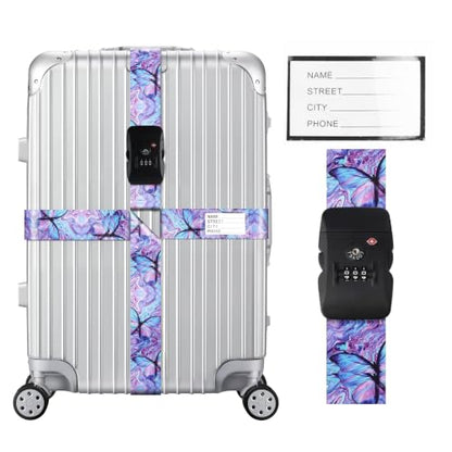 Veki Cross Luggage Straps, TSA Approved with Lock, Purple Butterfly, 1pc - color: Purple Butterfly
