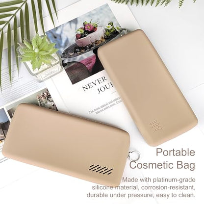 Zipper Makeup Brush Bag for Travel, Cosmetic Case for Women,Large Silicone Holder, Brush Pouch Case for Tools - Khaki