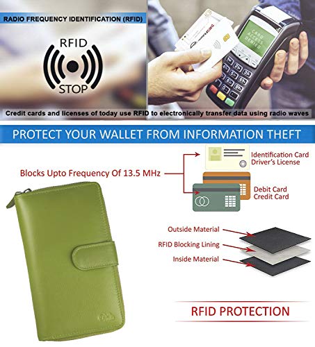 Big Fat RFID Blocking Leather Organizer Checkbook Wallets For Women - Clutch - color: Green