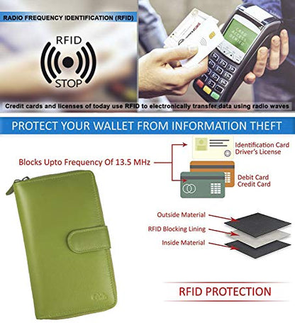 Big Fat RFID Blocking Leather Organizer Checkbook Wallets For Women - Clutch - color: Green