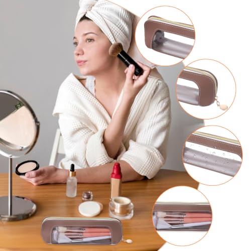 Psyqtsuary Small Clear Make Up Bag, PU Leather Portable Makeup Brush Pouch - color: Light Brown