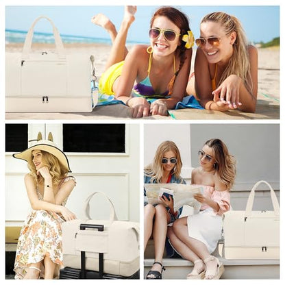 Women's Weekender bag Travel Duffel Bag with Shoe Compartment 21-inch Airline-Approved Carry-On, 2-Piece Overnight Bag Set Personal Item Luggage - color: 1A-Beige