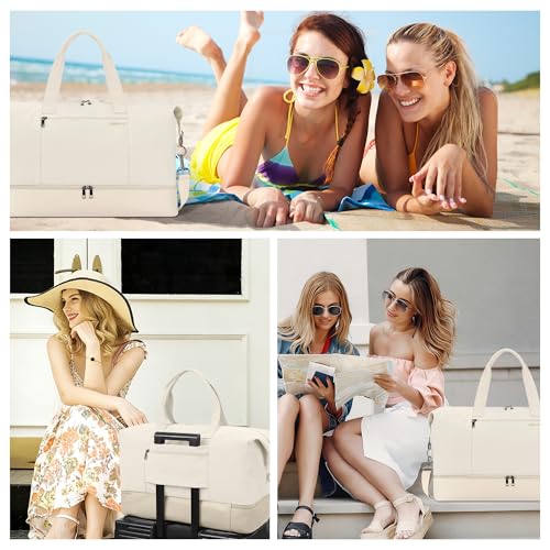 Women's Weekender bag Travel Duffel Bag with Shoe Compartment 21-inch Airline-Approved Carry-On, 2-Piece Overnight Bag Set Personal Item Luggage - color: 1A-Beige