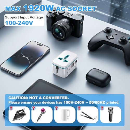 Universal Travel Adapter Worldwide, Multi Plugs Adapter with 2 USB-C & 2 USB-A, All-in-One AC Ports Wall Charger, International Power Converter for EU US UK AUS JP 200+ Countries (White) - color: WHITE
