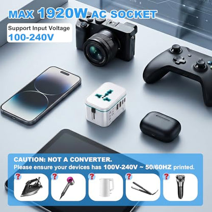 Universal Travel Adapter Worldwide, Multi Plugs Adapter with 2 USB-C & 2 USB-A, All-in-One AC Ports Wall Charger, International Power Converter for EU US UK AUS JP 200+ Countries (White) - color: WHITE