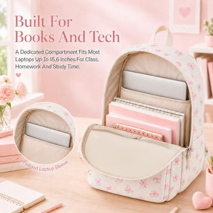 LEDAOU Backpack for Girls School Bag Kids Bookbag Teen Backpack Set Daypack with Lunch Bag and Pencil Case - color: Pink Small Flower Bow - Beige