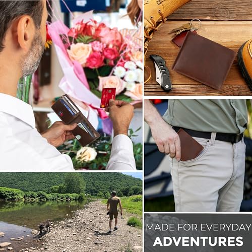BULL GUARD Mens RFID Blocking Bifold Wallet Top Grain Leather in Grizzly Brown, Secure and Durable Extra Capacity Billfold with 11 Credit Card Slots, Tight Stitching, Quick Thumb Push Access, No Logo - color: With NO Logo - Grizzly Brown