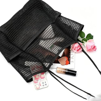 Large Beach Bags for Women, Mesh Beach Tote with Zipper, Foldable Pool Tote Bag Travel Beachbag Waterproof Sandproof - color: Black - More Pockets