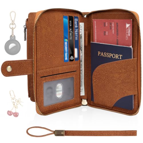 RFID Blocking Passport Wallet, Anti Theft PU Texture Passport Pouch with Tracker Case, Travel Document Organizer Zipper Wallet with Wrist Strap & Keychain, Gifts for Women and Men (Brown) - color: Texture-Brown