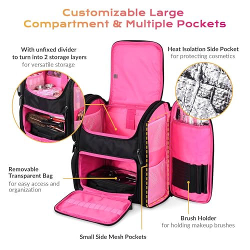 BYOOTIQUE Soft Sided Rolling Makeup Train Case Travel Bag Backpack Artist - color: Deep Pink, size: Xlarge
