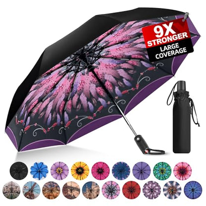 Strongest Windproof Travel Umbrella - Pro-Series, Heavy Duty Durable, Automatic Folding, Compact Lightweight Portable, Premium Grip, Fits Car & Backpack - color: Feather