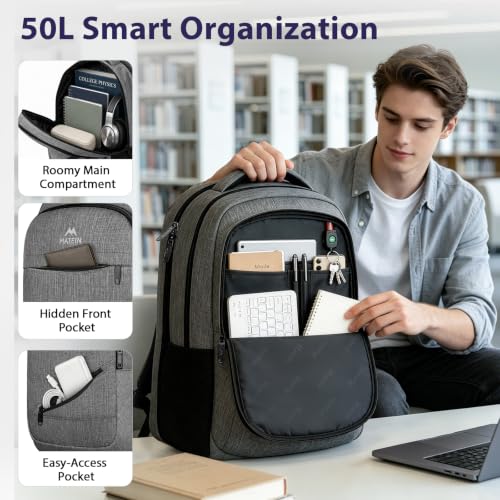 MATEIN 18 Inch Extra Large Laptop Backpack, 50 L Business Travel Backpack - color: Grey, size: 18 Inch