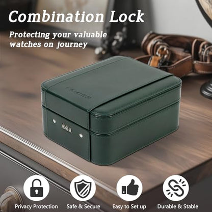 Watch Travel Case with Combination Lock - 4 Watch Storage and Jewelry - color: Green