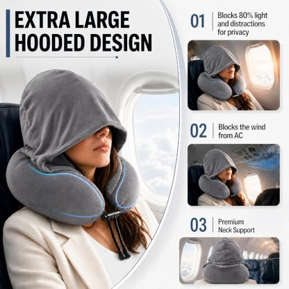 Travel Neck pillow for Airplane, with Large Hood Eye Mask Earplug and Bag - color: Grey
