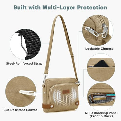 Anti Theft Crossbody Bag for Women, RFID Blocking Travel Purse Slash Proof - color: Khaki