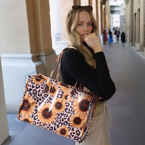 KALIDI PVC Tote Bag Women’s Kraft Paper Work Handbags Purses with Top Handle - color: Leopard Sunflower
