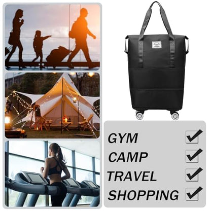Rolling Duffle Bag with Detachable Wheels Expandable Foldable Duffle Bag for Travel Luggage bag Carry on Weekend Travel Bag (Black)