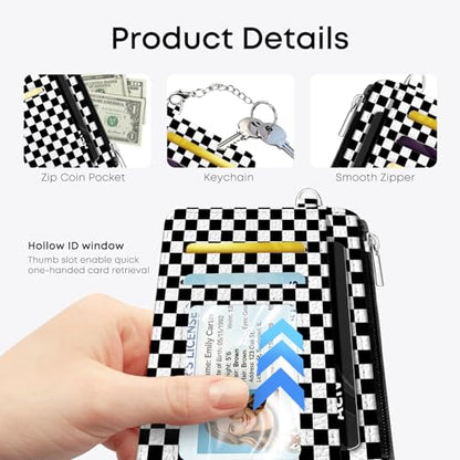Black and White Checkered Credit Card Holder Small Wallet for Women - color: Checkered Pattern Black and White