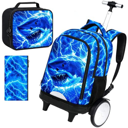 20 Inches Large Wheels Rolling Backpack for Boys with Detachable, 3Pcs Kids Lightning Shark Wheeled Backpack Set for Elementary School (Blue) - color: Lightning Shark (Large Wheels)