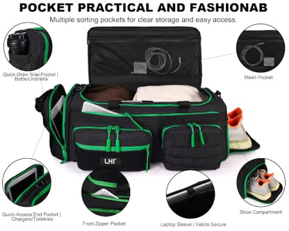 LHI 50L Tactical Duffle Bag for Men, 3-in-1 Gym Duffle and Backpack, Shoe Compartment, Laptop Sleeve and MOLLE, Carry-On Travel Weekender and Overnight Bag – Black with green zippers - color: Black Green
