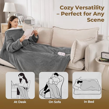 Wearable Heated Blanket with Foot Pocket & Sleeves, 50"x70", Light Grey - color: Light Grey, size: Long