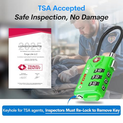 Forge TSA Approved Luggage Locks, Re-settable Combination with Alloy Body(Green 2 Locks) - color: Green 2 PK