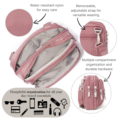 Baggallini Triple Zip Small Crossbody Bag for Women - Lightweight Convertible Fanny Pack Belt Bag - color: Dusty Mauve, style: Slim Strap