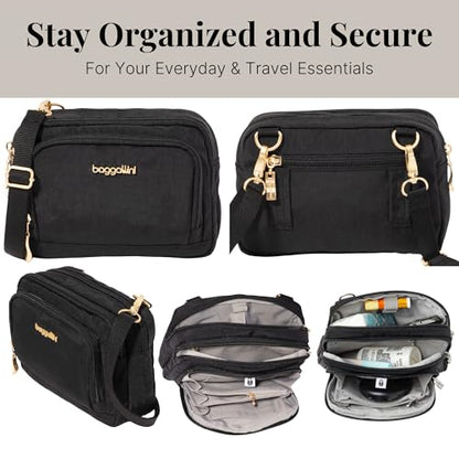 Baggallini Triple Zip with Front Wallet/Trifecta RFID Wallet Crossbody - color: Black W/ Gold Hardware