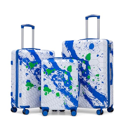 3 Piece Hardside PC Luggage Set, 20/24/28 Inch Travel Suitcases, Printed Pattern Carry On Luggage, Silent Spinner Wheels & Secure Combination Lock, Blue - color: Blue