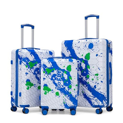 3 Piece Hardside PC Luggage Set, 20/24/28 Inch Travel Suitcases, Printed Pattern Carry On Luggage, Silent Spinner Wheels & Secure Combination Lock, Blue - color: Blue